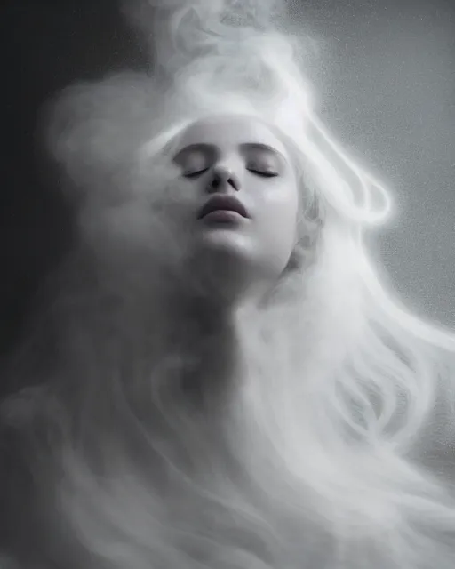 Image similar to soft, dreamy, subsurface scattering, white, young beautiful goddess in cosmos with very long white hair floating in air, fluid smoke art, black and white, octane render, dino valls, mark ryden, joe fenton, michal karcz, highly detailed, rim light, art, cinematic lighting, very coherent, hyper realism, 8 k