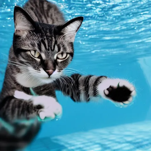 Prompt: cat wearing a diving mask underwater on a swimming pool