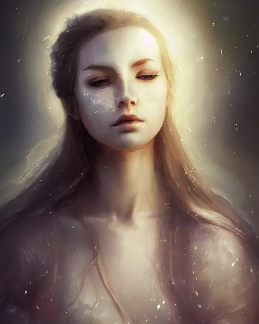 Image similar to a beautiful female cleric, ethereal, dreamy, backlit, highly detailed, sad expression, looking away, mouth half open, realistic lighting, sharp focus, windswept, rule of thirds, symmetrical facial features, by artgerm, wlop, rossdraws, frank frazetta, andrei riabovitchev, trending on artstation, hd, 4 k, fantasy