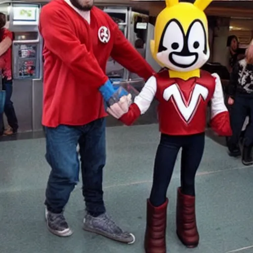 Prompt: wolverine from marvel holding hands with the wendys mascot