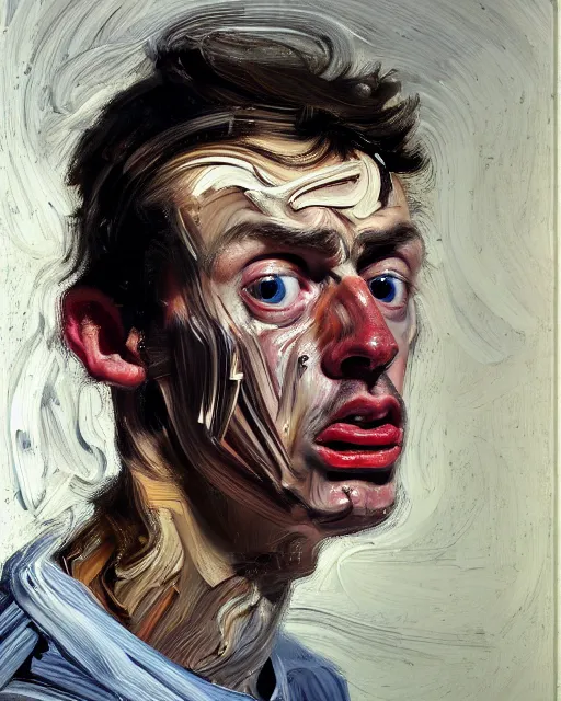 Image similar to a close up portrait a very ordinary young man with an angry expression, high angle, facing front, looking down, by Lucian Freud and Jenny Saville, oil painting, anatomically correct, beautiful perfect face, visible brushstrokes, sharp focus, Highly Detailed, Cinematic Lighting, 8k, HD