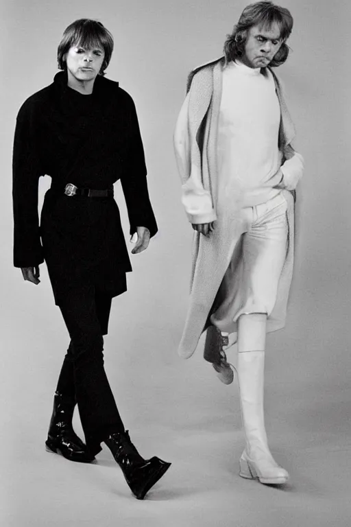 Image similar to a young mark hamill models for chanel, on the runway, fashion photoshoot, full body, chanel boots