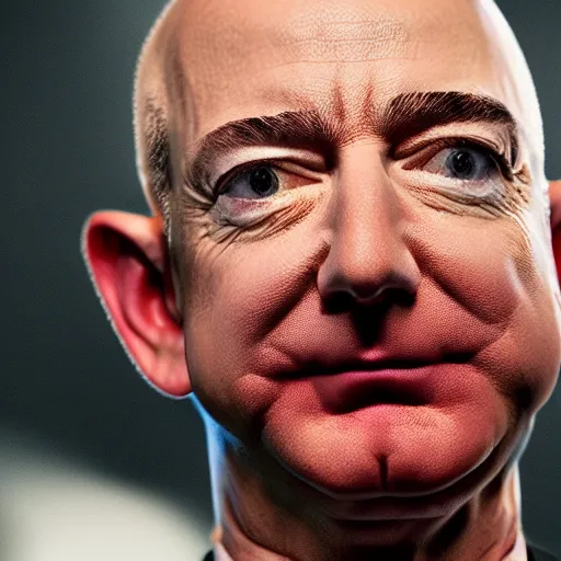 Image similar to Jeff Bezos as villain. Emperor, evil grin. Fire in the background. Detailed face. Red eyes.