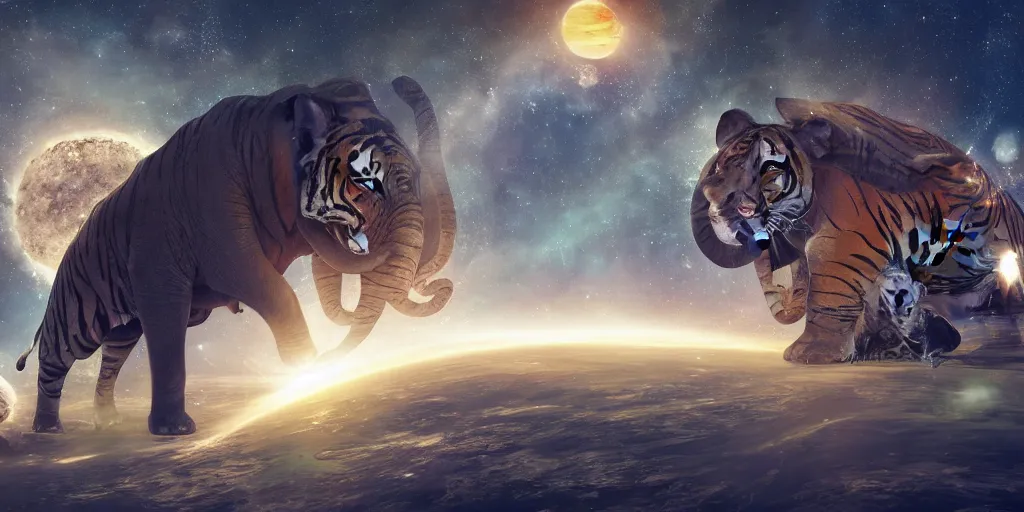 Prompt: planet - sized tiger elephant in space, next to the sun and stars, giant castle, very wide shot, epic composition, hyper detailed, digital art, trending in artstation, cinematic lighting, studio quality, unreal engine 5 rendered, art style by klimt and nixeu and ian sprigger and wlop and krenz cushart