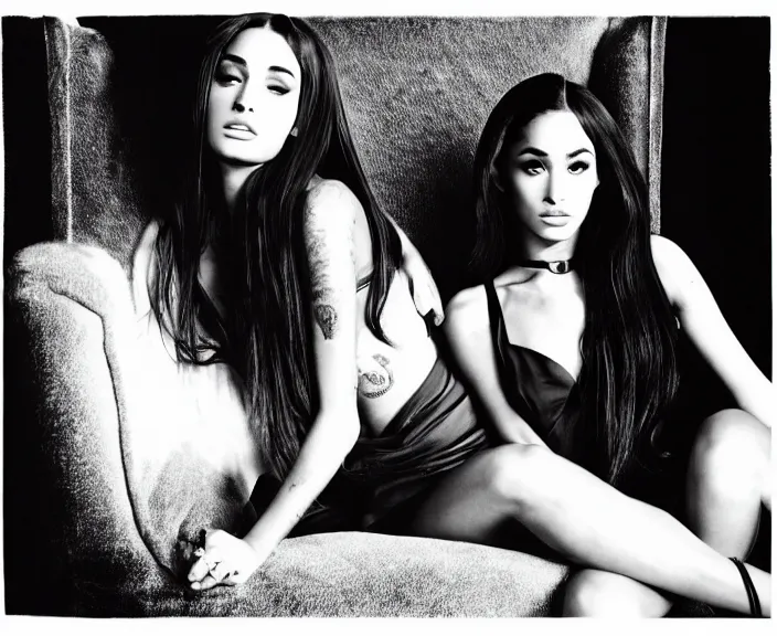 Image similar to award winning photo of Ariana Grande, Megan Fox sitting on a chesterfield lounge, symmetrical + beautiful eyes, wide shot by Sally Mann & Arnold Newman,