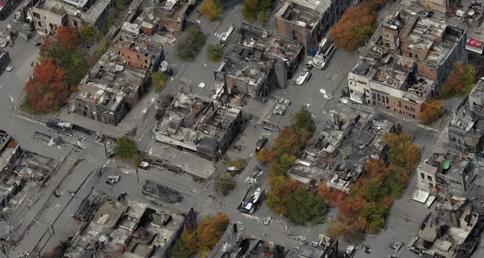 Image similar to aerial view of dilapidated zombie - apocalypse new york city in real life, desolate with zombies, dilapidated, empty streets, nightmarish, some rusted style parked vehicles, sunny weather, few clouds, volumetric lighting, photorealistic, daytime, autumn, sharp focus, ultra detailed, cgsociety