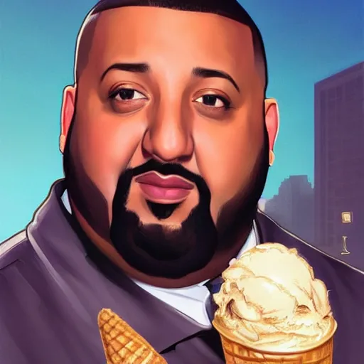 Image similar to portrait of DJ Khaled with a dumb smile holding ice cream cone with large scoop of ice cream as a Grand Theft Auto Cover, elegant, intricate, headshot, highly detailed, digital painting, artstation, concept art, sharp focus, illustration, art by artgerm and greg rutkowski and alphonse mucha