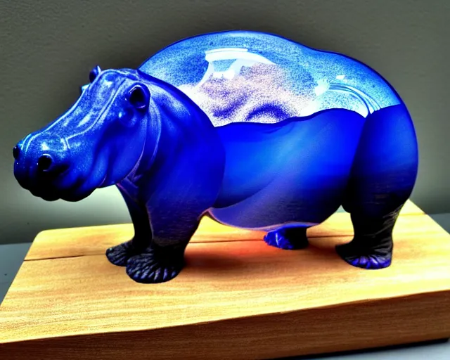 Prompt: a sculpture of hippo baby, bottom half wood!!!!! carved, top half blue translucid resin epoxy, cubic blocks, side view centered, mixmedia, transparent,