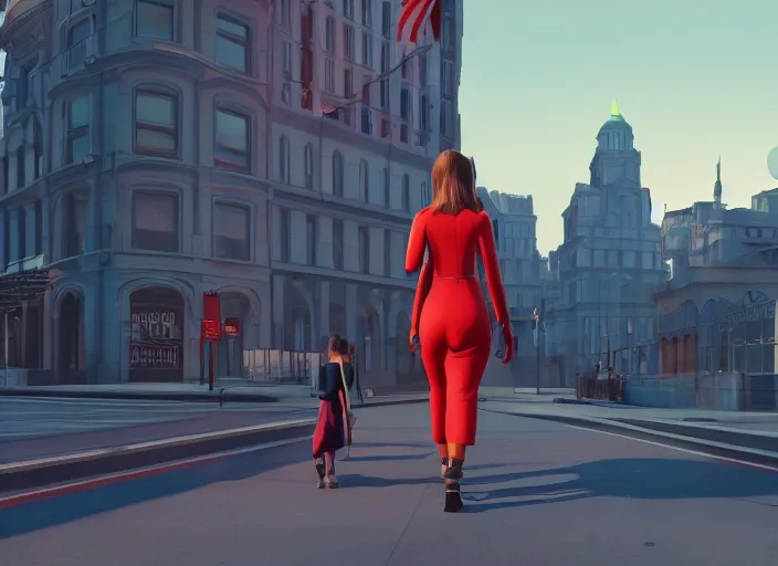 Image similar to inspiring beautiful girl carrying a red propaganda flag walking through beautiful futuristic city by Edward Hopper and Dan Mumford, Unreal Engine 5, Lumen, Nanite