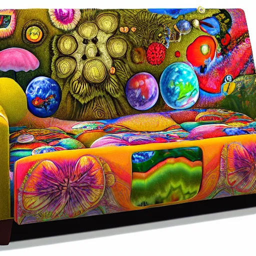 Image similar to psychedelic trippy couch in forest, planets, flowers, mushrooms milky way, sofa, cartoon by giuseppe arcimboldo