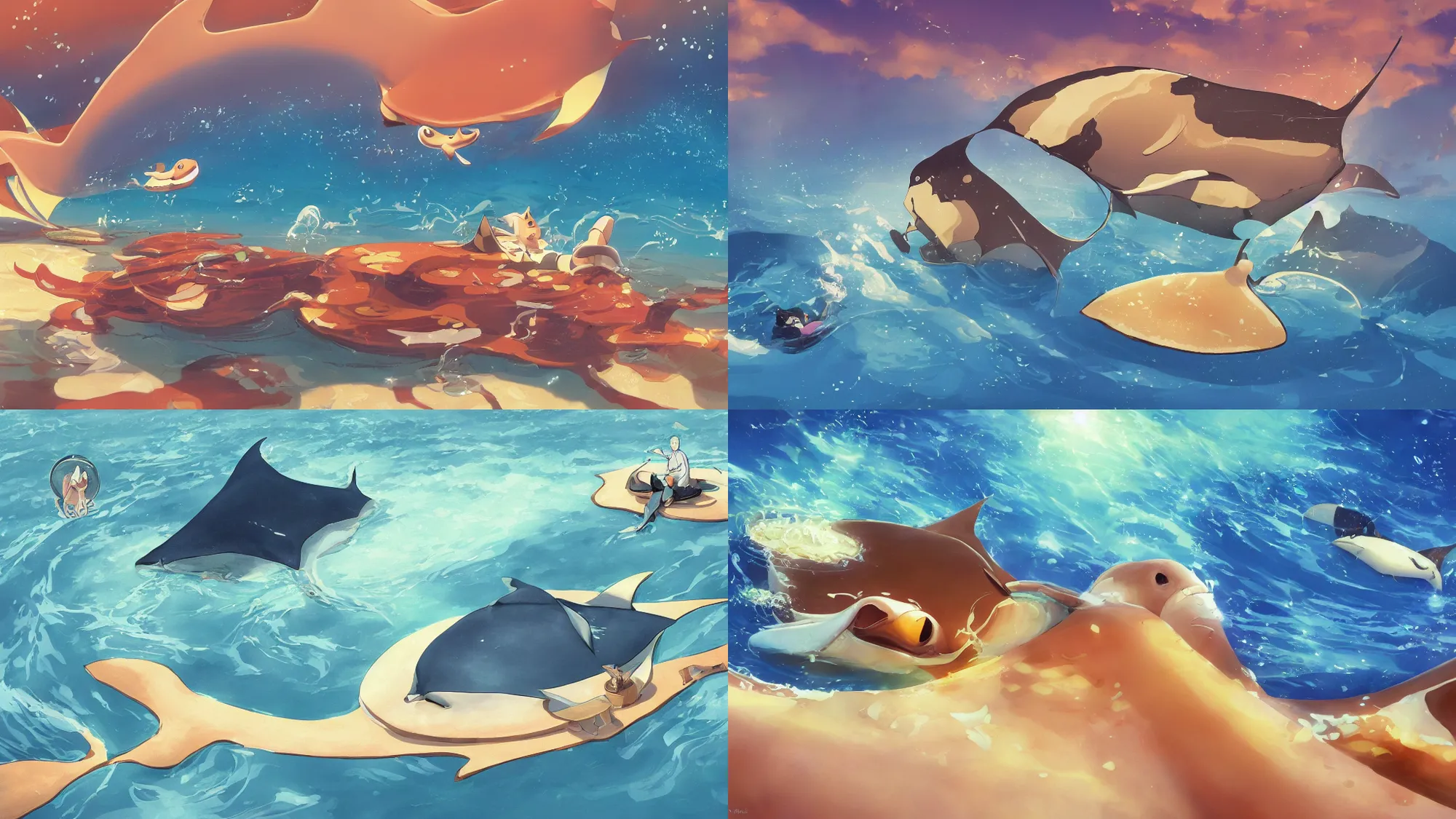 Image similar to painting of a happy flat pancake manta ray swimming in syrup, cute, 4 k, manta ray made of pancake, fantasy food world, living food adorable pancake, brown atmospheric lighting, by makoto shinkai, studio ghibli, ross tran