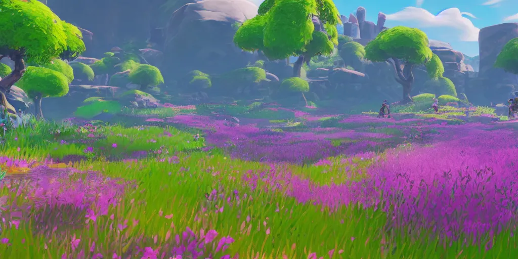 Image similar to ! dream colour theory cascading concept art of spring flower landscape in the style of breath of the wild, fortnite season 1 beautiful, fortnite graphics