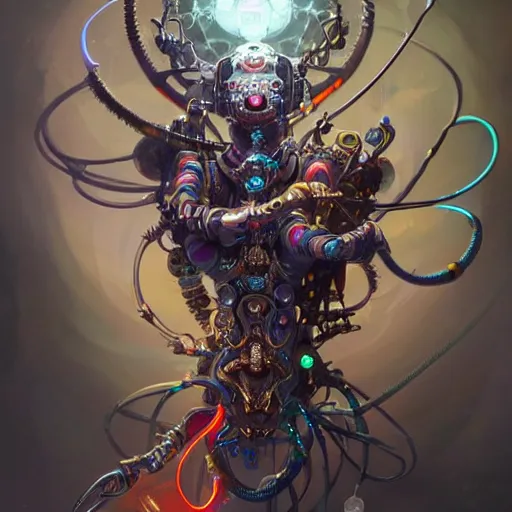 Image similar to biomechanical spider king, cyberpunk, bionics, augments, lights, cables, elegant gleaming intricate baroque jewellery, colorful, vivid, imposing, epic, digital painting, artstation, concept art, by peter mohrbacher and wlop and rhads,