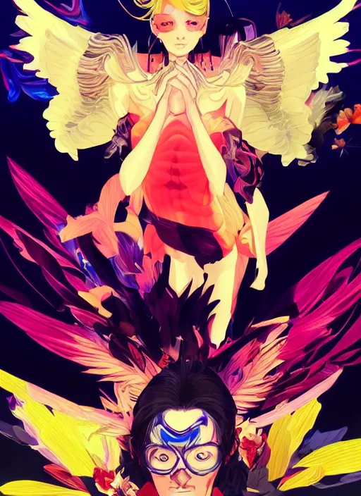 Image similar to portrait of a psychedelic angel, digital painting masterpiece, advanced lighting technology, stylized yet realistic anatomy and face, gorgeous, by reiq and bengus and akiman and shigenori soejima and bastien vives and balak and michael sanlaville and jamie hewlett, 4 k wallpaper, cinematic, gorgeous brush strokes, coherent and smooth