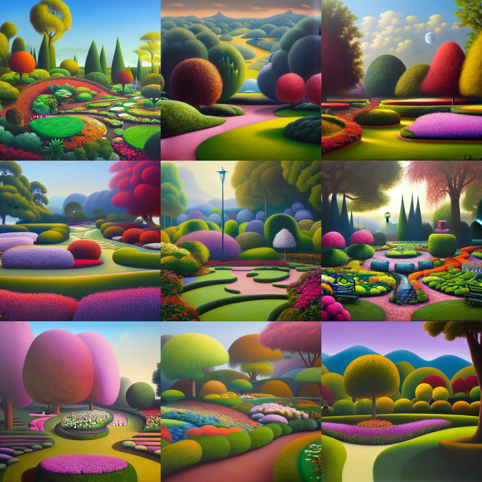 Prompt: a gorgeous, fantastic, magic garden landscape by michael kidd, trending on artstation, oil on canvas, muted colors