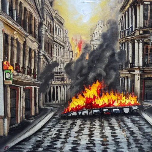 Prompt: detailed oil painting a fax machine burning on the streets of Brussels