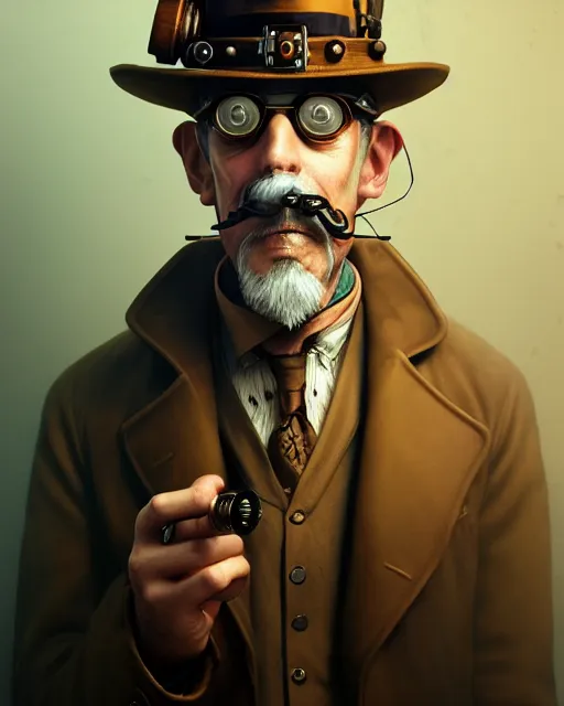 Image similar to steampunk old man portrait, handsome, steampunk hat, detective coat, steampunk monocle, smoking pipe, hyper realistic 3 d render by ilya kuvshinov, peter mohrbacher, greg rutkowski, ryohei hase, dramatic lighting, intricate, highly detailed, sharp focus, luminous, unreal engine, blender, deviant art, masterpiece, ray tracing