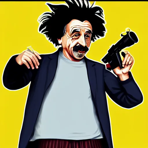 Image similar to albeert einstein in gta v illustrated by stephen bliss