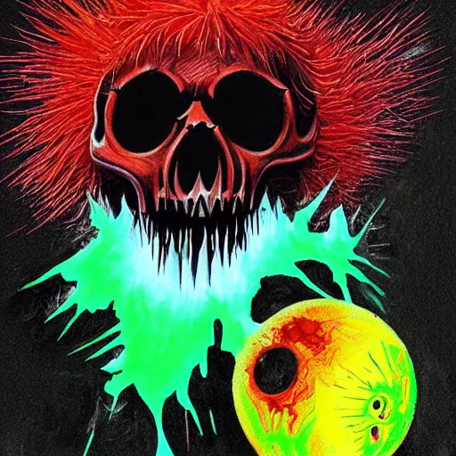 Image similar to a tennis ball monster skull explosion, digital art, fantasy, magic, chalk, trending on artstation, ultra detailed, professional illustration by basil gogos