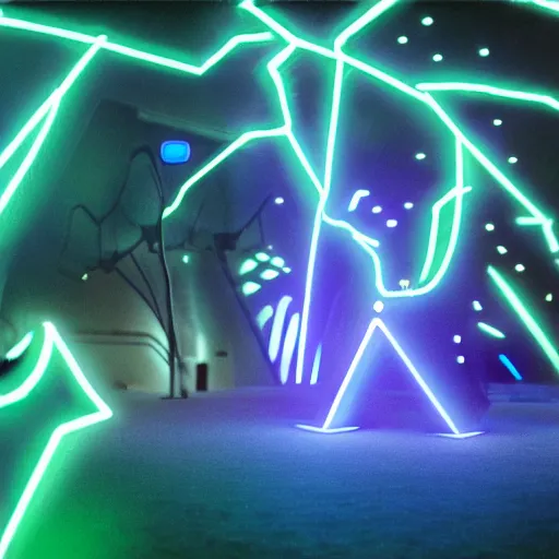 Image similar to electric blue scaled glowing baby dinosaurs in tron movie, cinestill