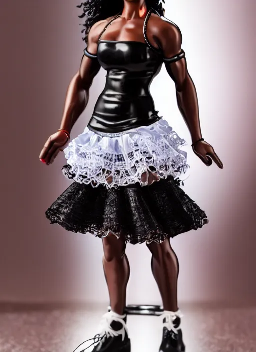 Prompt: Product Introduction Photos, 4K, Full body, 80mm resin detailed miniature of a Muscular Black Woman in white and lacy ruffled mini-skirt