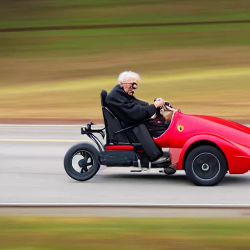 Prompt: old mad man on a red motorized wheelchair with the ferrari logo, highway, action shot