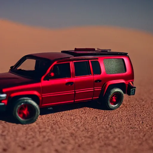 Prompt: 3 5 mm photo of metallic red suburban car like hot wheels model in desert as background, on an epic cinematic