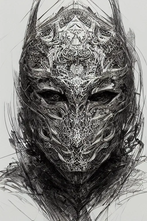 Image similar to portrait of a person wearing a really cool mask, colorpen and ink, neon, intricate line drawings, by craig mullins, ruan jia, kentaro miura, greg rutkowski