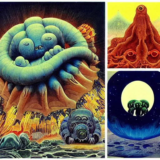 Image similar to a giant tardigrade kaiju retro japanese, monster slimy, oil painting, 7 0 s vintage art, by georgia o keeffe, by kay nielsen, by gustave dore, by frank frazetta, nausicaa, collage, by james gurney