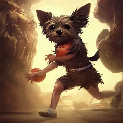 Image similar to yorkie playing street basketball, cute and adorable, pretty, beautiful, dnd character art portrait, matte fantasy painting, deviantart artstation, by jason felix by steve argyle by tyler jacobson by peter mohrbacher, cinema