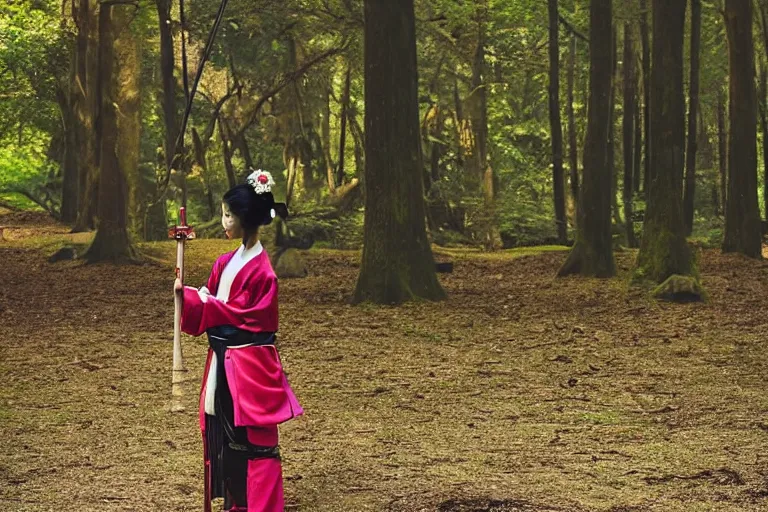 Prompt: beautiful photo of a young modern geisha samurai practising the sword in a forest, mid action swing, symmetrical face, beautiful eyes, huge oversized sword, award winning photo, muted pastels, action photography, 1 / 1 2 5 shutter speed, dramatic lighting, anime set style