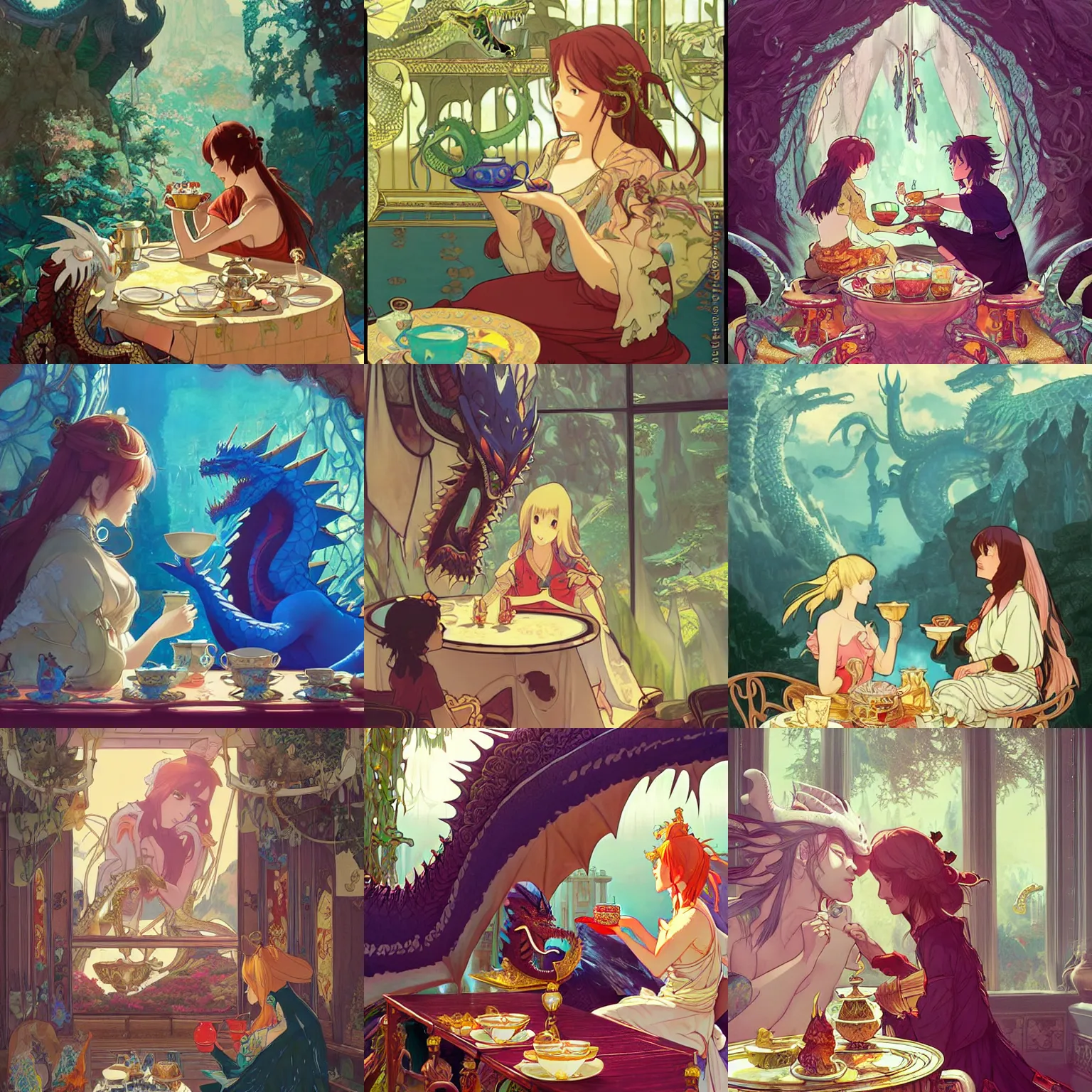 Prompt: A giant dragon having tea with a captive princess in his treasure-laden lair, fantasy, detailed, artstation, digital illustration, by Kyoto Animation and Studio Ghibli, by Ilya Kuvshinov and Alphonse Mucha
