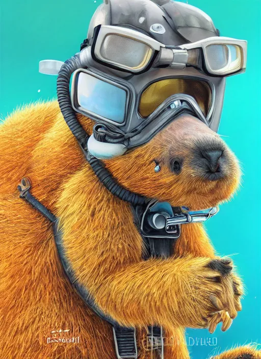 Image similar to detailed full body concept art illustration oil painting of an anthropomorphic capybara scuba-diver in full intricate clothing by Diane Whitehead, biomutant, ultra detailed, digital art, octane render
