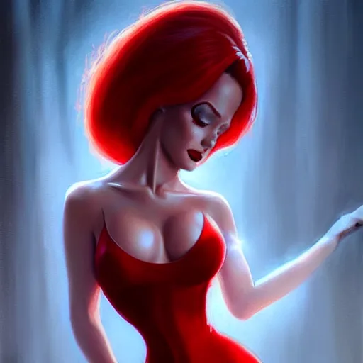 Image similar to realistic jessica rabbit red dress, character headshot portrait, sharp, digital matte painting, art by luis royo, greg rutkowski, wlop, dramatic lighting, trending on artstation