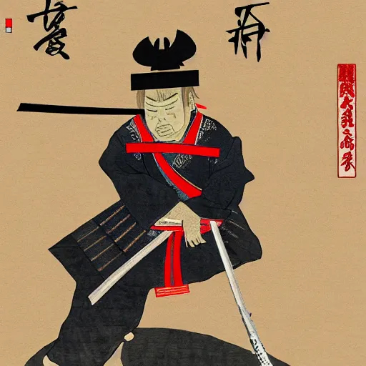 Image similar to donald trump dressed as a samurai holding a katana in a japanese edo period ink block painting, 4 k, hyper realistic, dslr, high resolution, landscape, beautiful