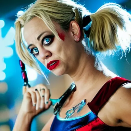 Image similar to A still of Kaley Cuoco as Harley Quinn