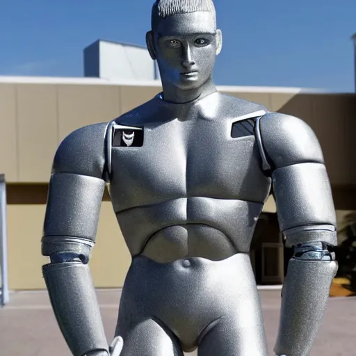 Image similar to a realistic detailed photo of a guy who is an attractive humanoid who is half robot and half humanoid, who is a male android, wrestler bryce meredith, shiny skin, posing like a statue, blank stare, by the pool, on display, showing off his muscles, humanoid robot, frozen ice statue