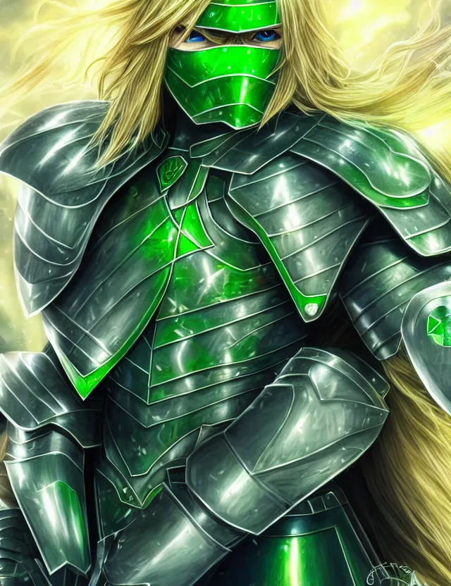 Image similar to a detailed manga portrait of a long haired blonde man with blue eyes in green armour glowing with green energy, trending on artstation, digital art, 4 k resolution, detailed, high quality, sharp focus, hq artwork, coherent, insane detail, character portrait