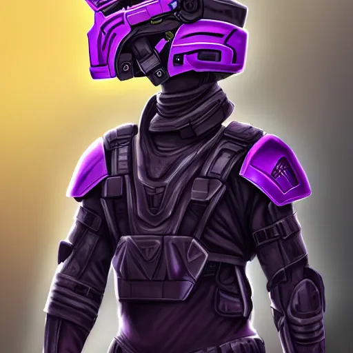 Prompt: vanu soldier, tall, helmet, purple and black clothes, heavy gun, full body, full portrait