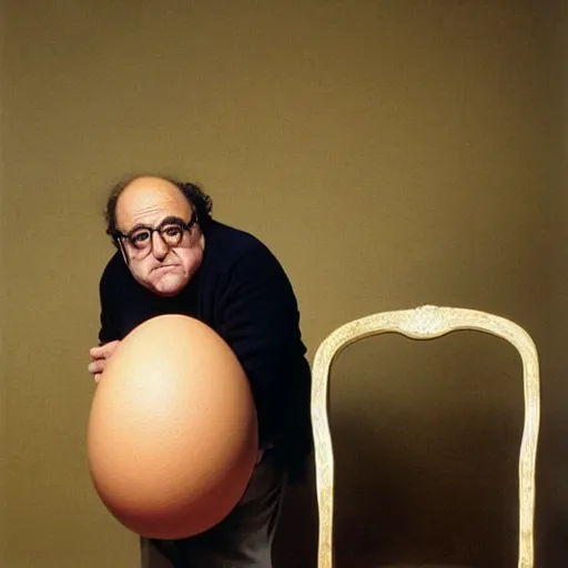 Image similar to danny devito standing next to a chair shaped like an egg, renaissance painting, masterpiece