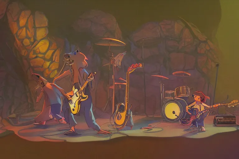 Image similar to rats playing in a rock band inspired by the beatles, beautiful, dreamlike, wholesome, ghibli and disney animation, sharp, intricated, art by ken anderson and mel shaw, bloom, dramatic lighting, brown palette,