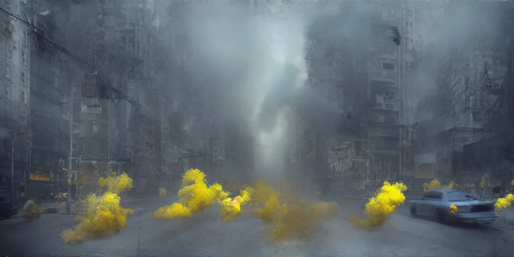 Image similar to kiev city streets covered in yellow and blue smoke, by jeremy mann, by kim keever