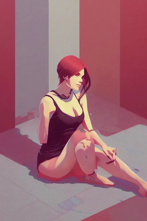 Image similar to a ultradetailed beautiful painting of a stylish woman sitting on the floor of a tiled room, by greg rutkowski, conrad roset, and ilya kuvshinov trending on artstation