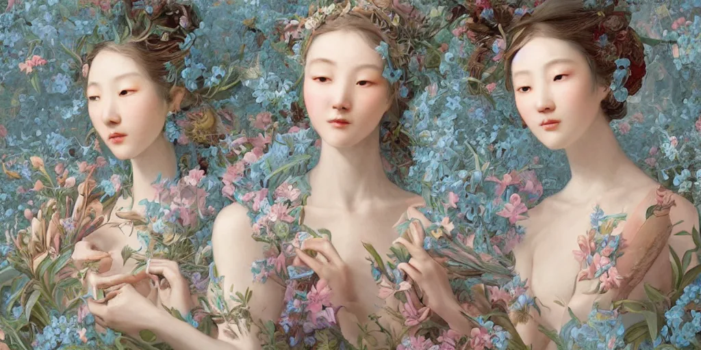 Image similar to breathtaking detailed concept art painting blend of two goddess of light blue flowers by hsiao - ron cheng with anxious piercing eyes, vintage illustration pattern with bizarre compositions blend of flowers and fruits and birds by beto val and john james audubon, exquisite detail, extremely moody lighting, 8 k