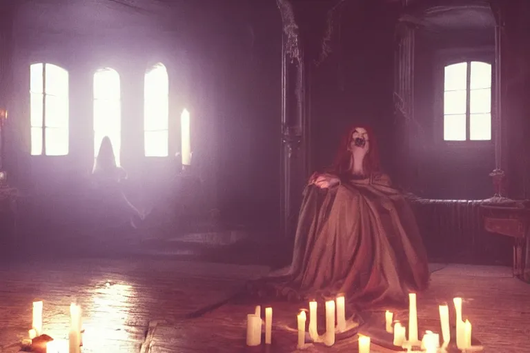 Image similar to VFX movie of levitating ascending beautiful goth woman in the decadent attic, demonic magic ritual, candles, glowing eyes, atmospheric natural lighting at night by Emmanuel Lubezki