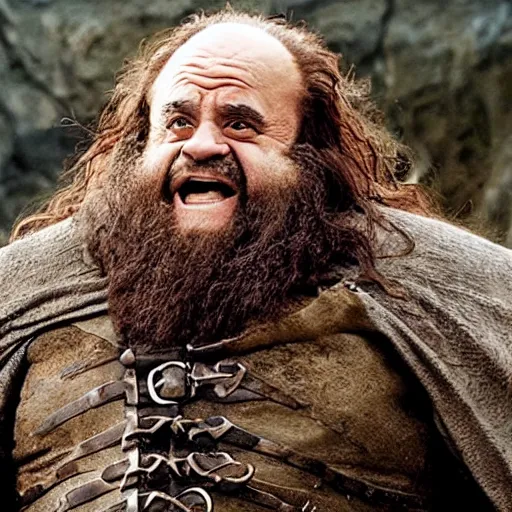 Image similar to movie still of danny devito starring as gimli in the 2 0 2 6 lord of the rings movie, full body