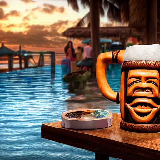Image similar to a photorealistic photograph of a Trader Vic's tiki mug featuring Jane Seymour at a Tiki bar daybreak- Trending on Artstation, featured on Behance, well-rendered, Unreal Engine, 4K HD
