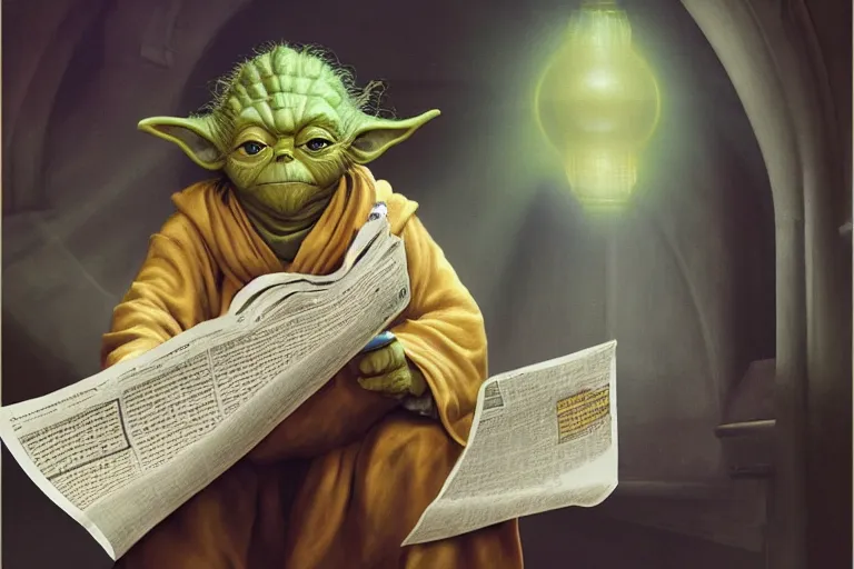 Image similar to a beautiful ultradetailed fine art photo of yoda reading a newspaper in a monastery, by tom bagshaw and zach sutton, backlight, 5 0 mm lens, closeup shot, bokeh, golden ratio composition, sunset golden hour hues, very detailed, artstation, 8 k, highly coherent