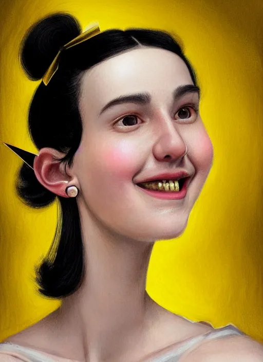 Prompt: portrait of high school girl, realistic, black hair, bangs, half updo hairstyle, pointy nose, skinny, smile, ugly, defined jawline, big chin, yellow hair bow, earrings, intricate, elegant, glowing lights, highly detailed, digital painting, artstation, sharp focus, illustration, art by wlop, mars ravelo and greg rutkowski