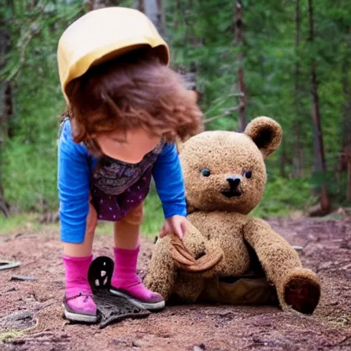 Prompt: photograph of a little girl being frightened of a bear trap